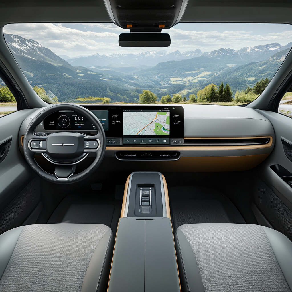 Electric car control panel shows battery info and navigation