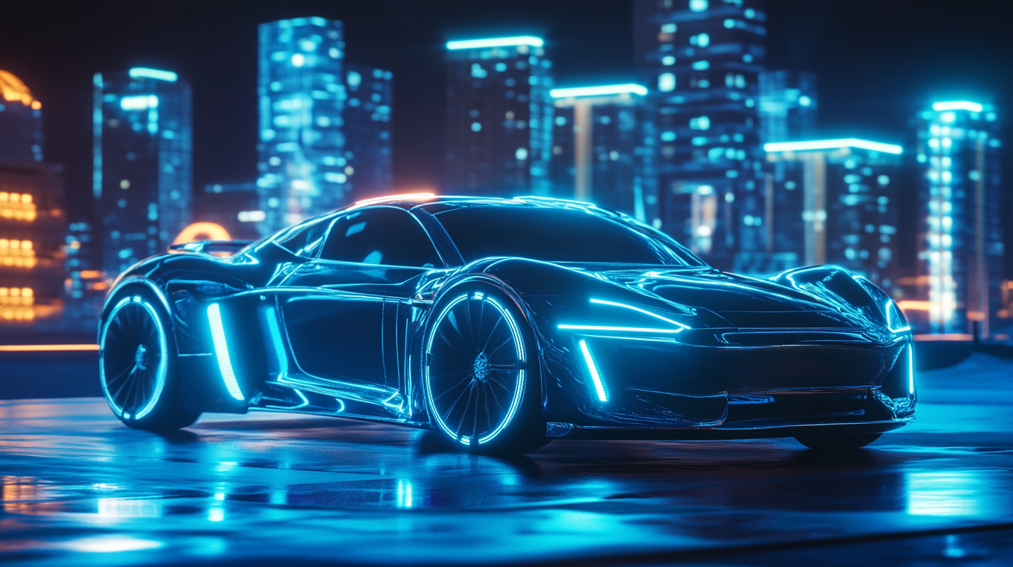 Electric cars in modern city with neon lights.