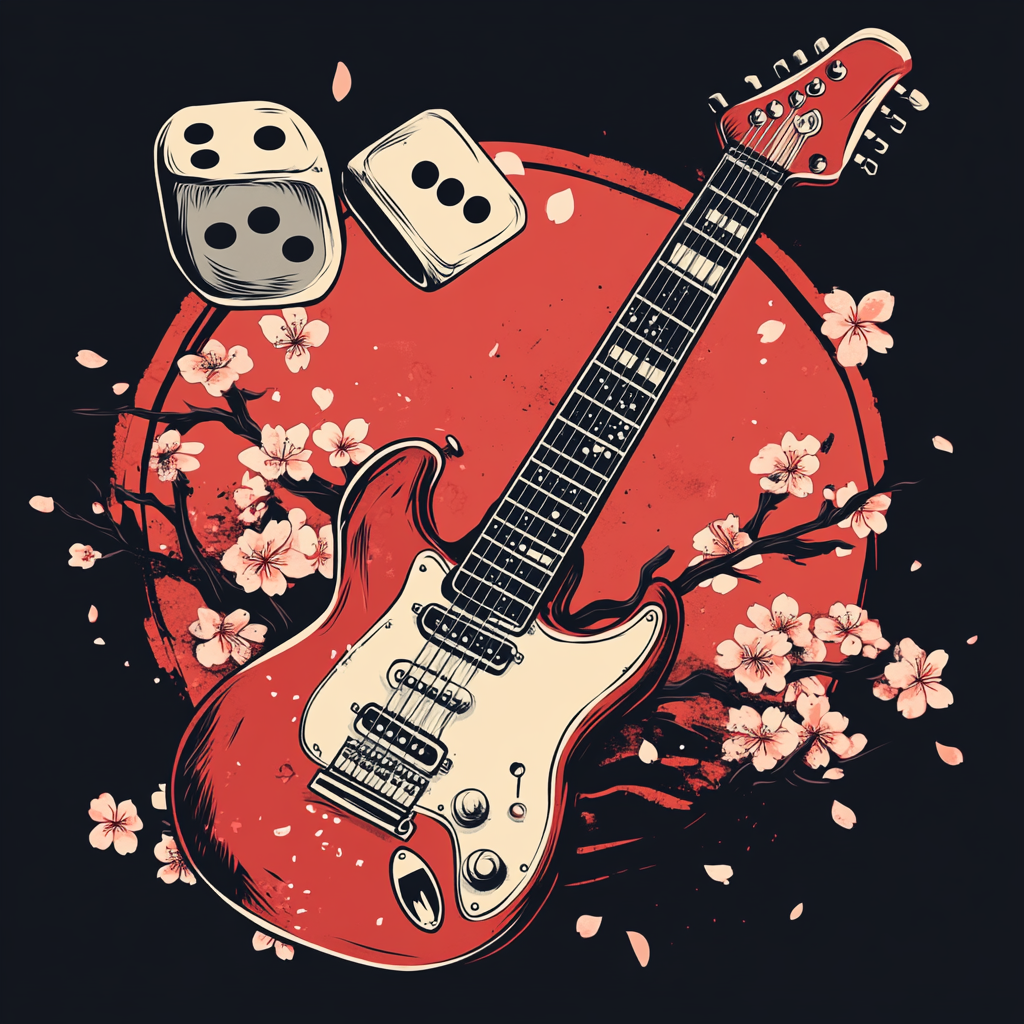 Electric guitar, cherry blossom, two rolling dices, Japanese style.