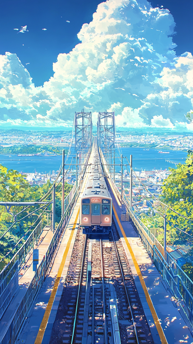 Electric train on tracks, bridges, seaside view, cinematic.