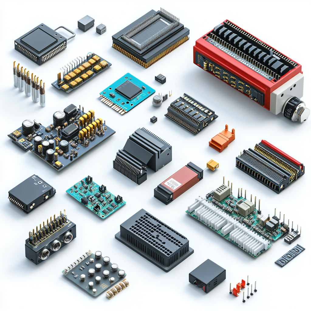 Electronic components on white background: capacitor, resistor, LED.