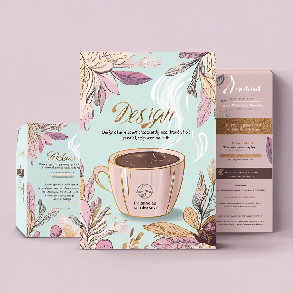 Elegant, eco-friendly hot chocolate packaging box design. Soft colors.