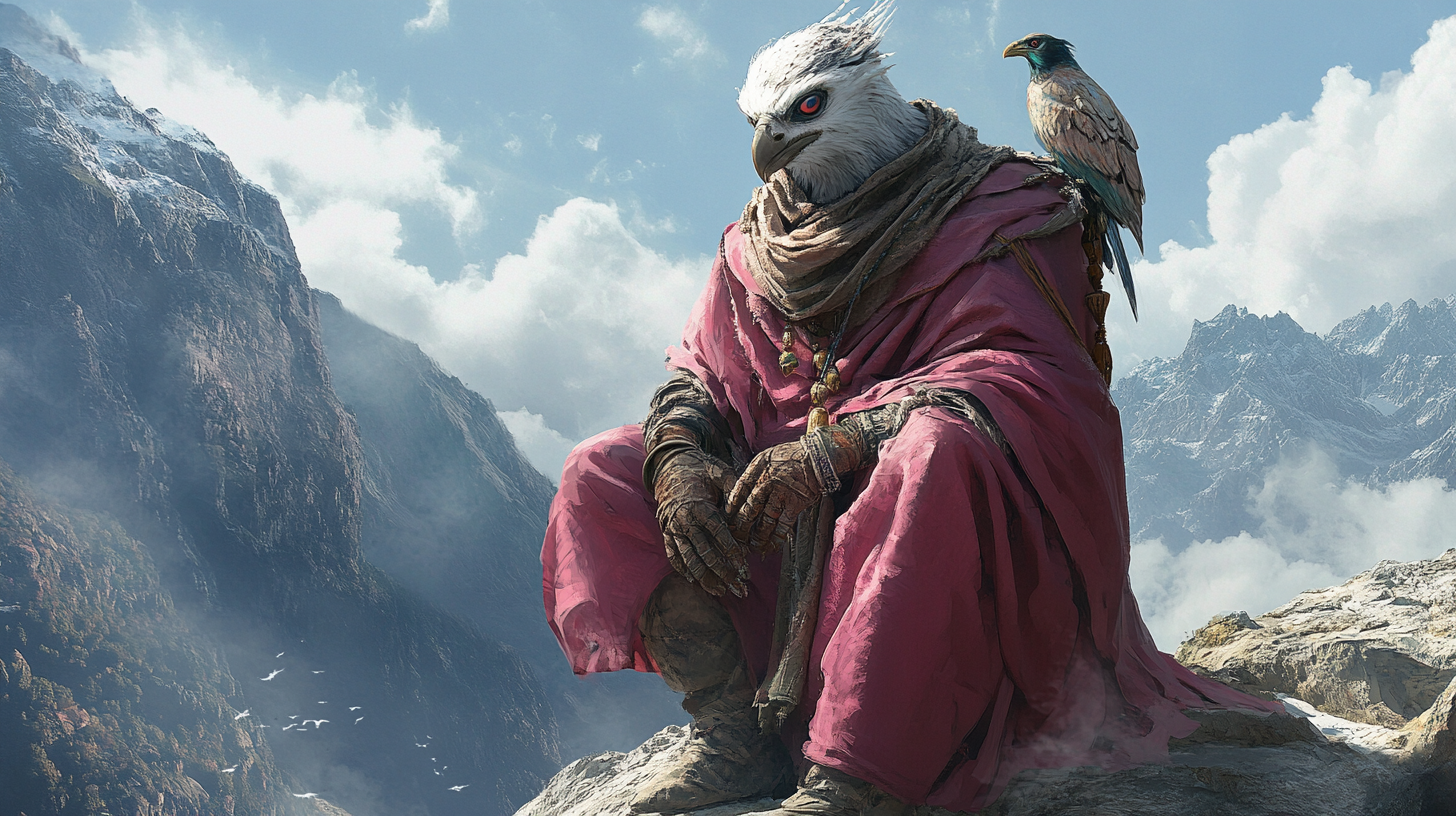 Elegant Aarakocra Monk Crouching on Mountain