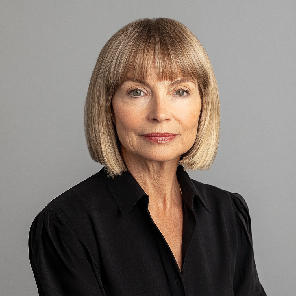 Elegant Anna Wintour on white glass background.