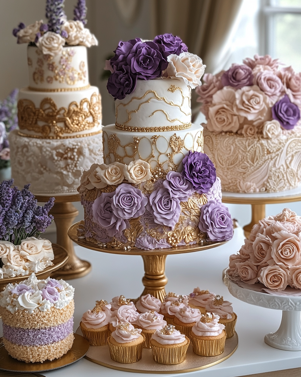 Elegant Cake Display in Lavender and Gold Theme