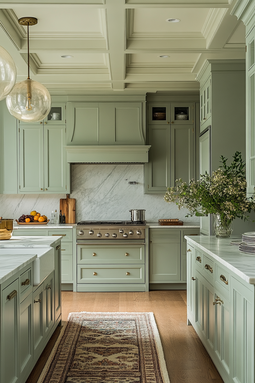 Elegant Celadon Kitchen with Grayish-Green Cabinetry and Marble Countertops