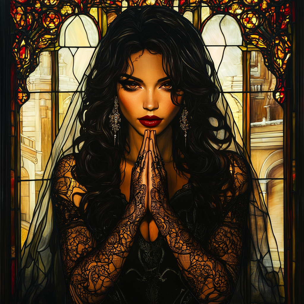 Elegant Dark-Haired Woman Praying at Baroque Altar