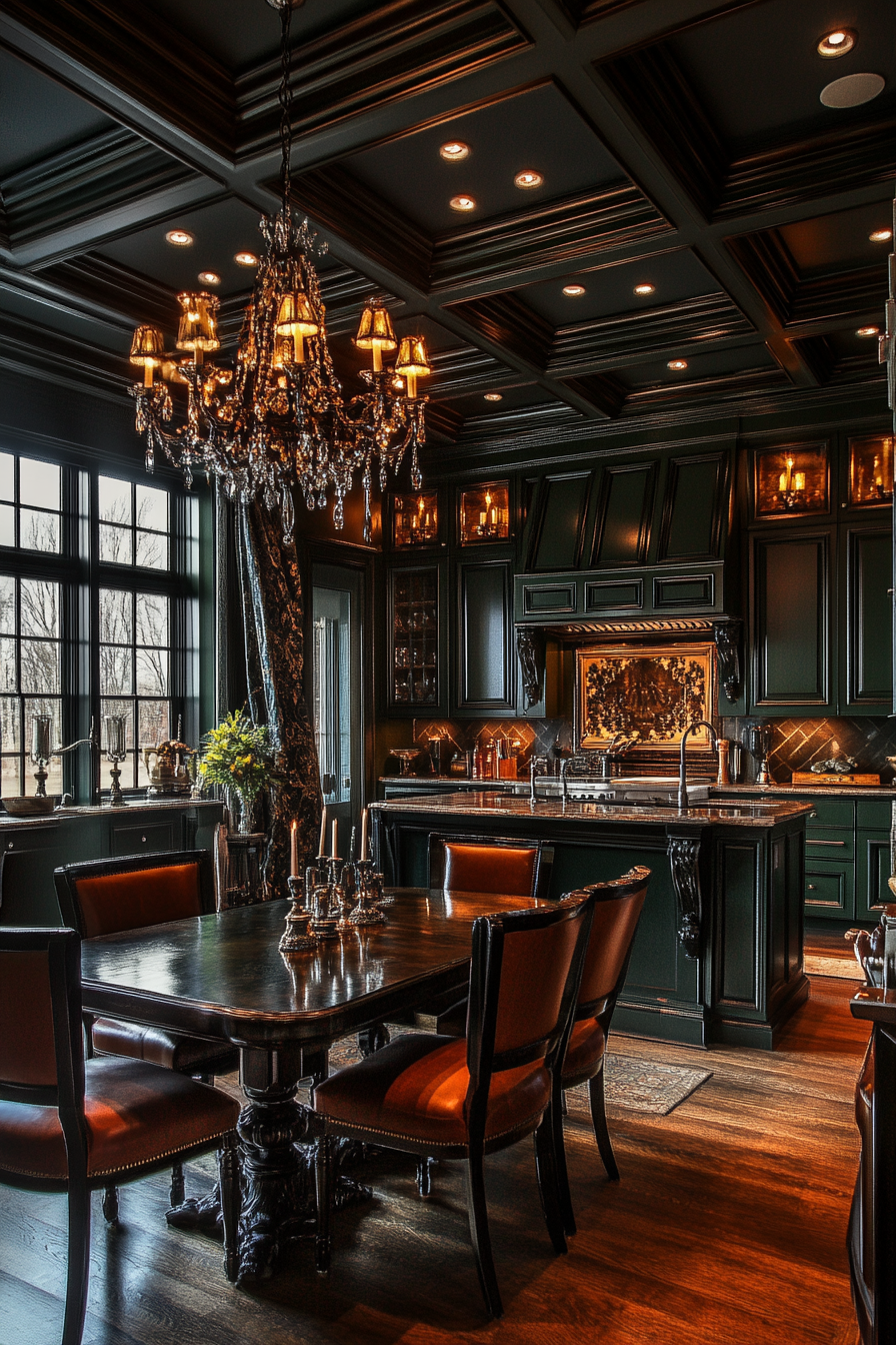 Elegant Deep Green Luxury Kitchen with Mahogany Flooring