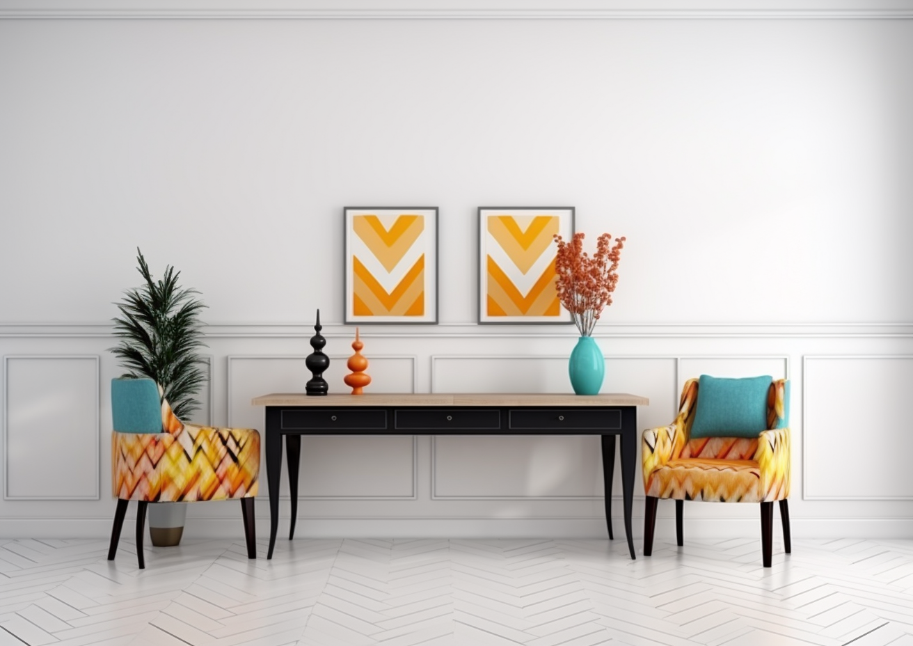 Elegant Dining Room with Blank White Wall, Table Front View