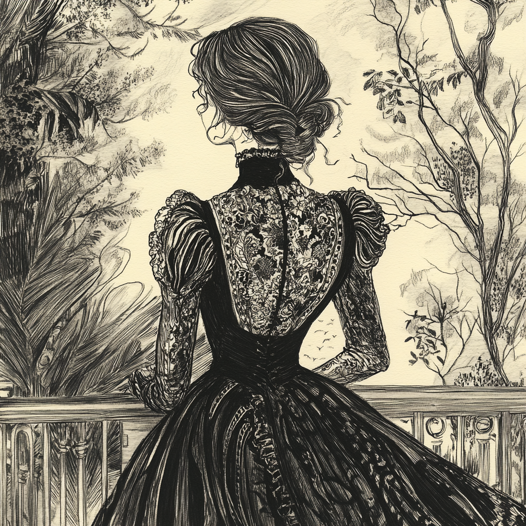 Elegant Figure in Victorian Gown with Surreal Atmosphere.