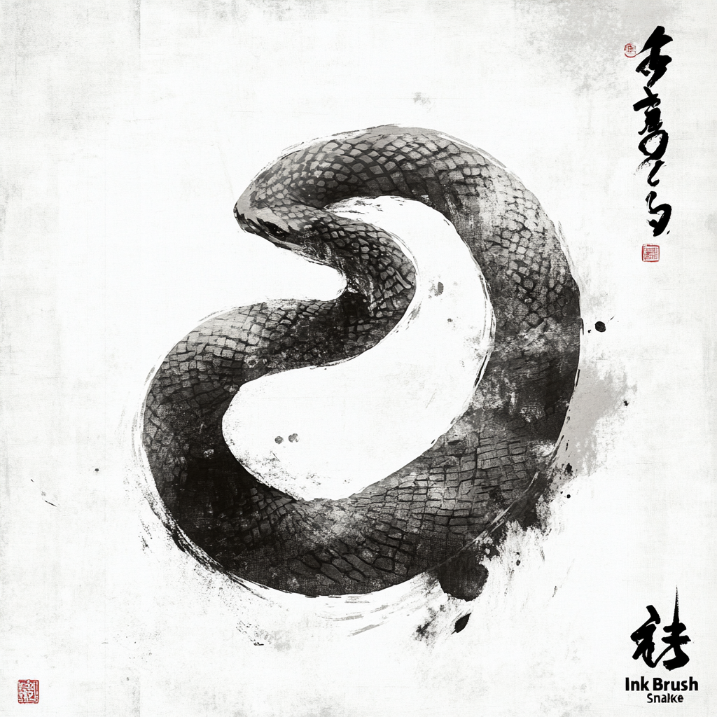 Elegant Ink Brush Snake: Coiled snake in ink brush stroke