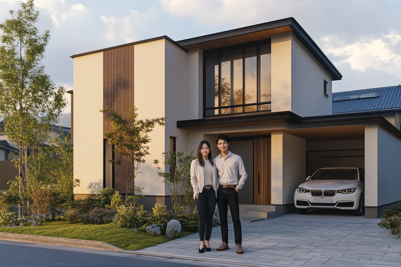 Elegant Japanese couple in front of new home