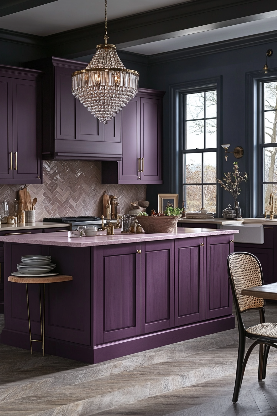 Elegant Kitchen with Blackberry Bliss Cabinets and Pink Marble