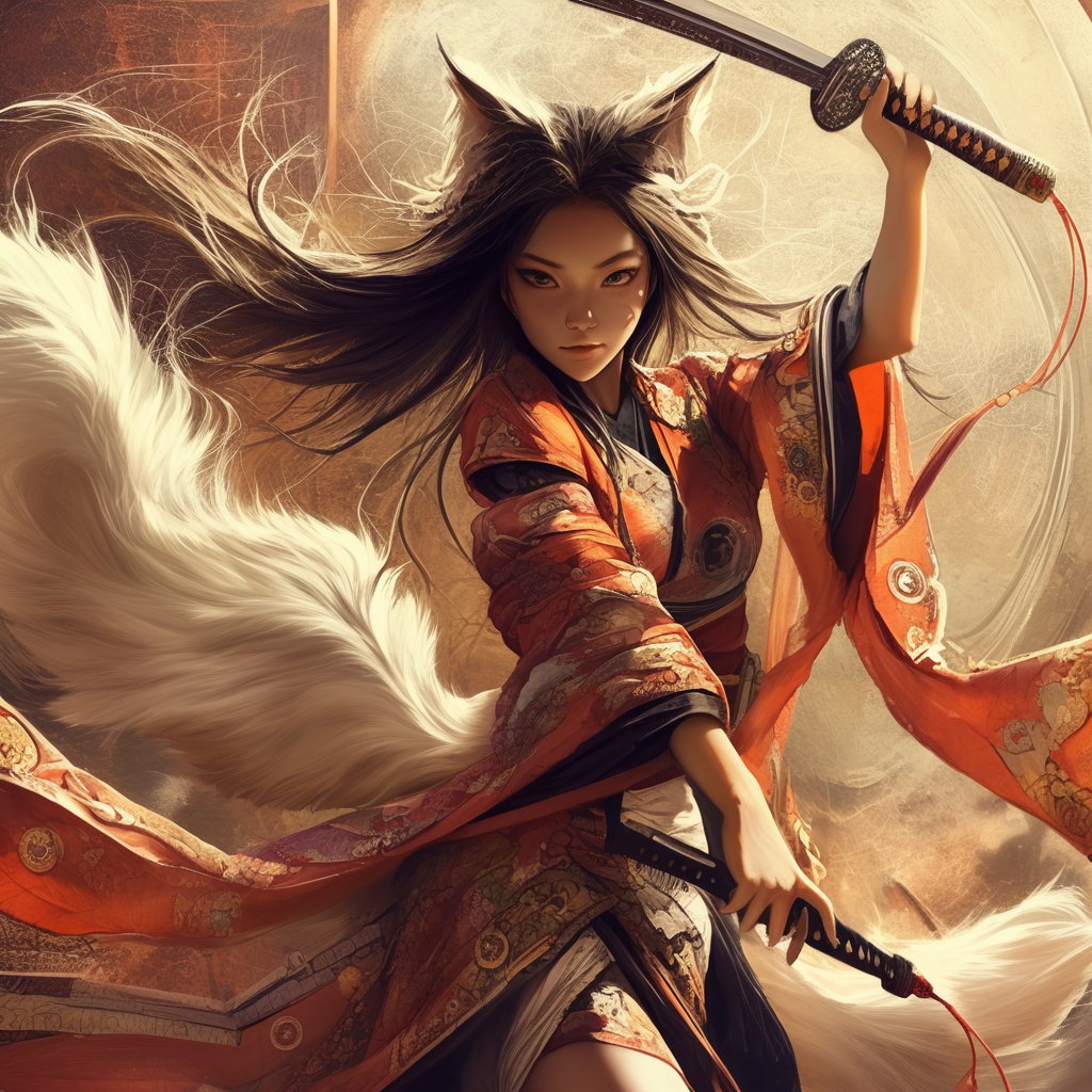 Elegant Kitsune in silk kimono wields katana, oil painting.