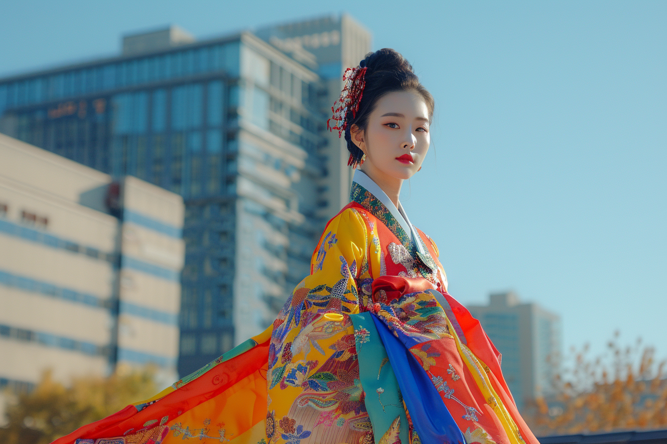 Elegant Korean hanbok fashion in vibrant city