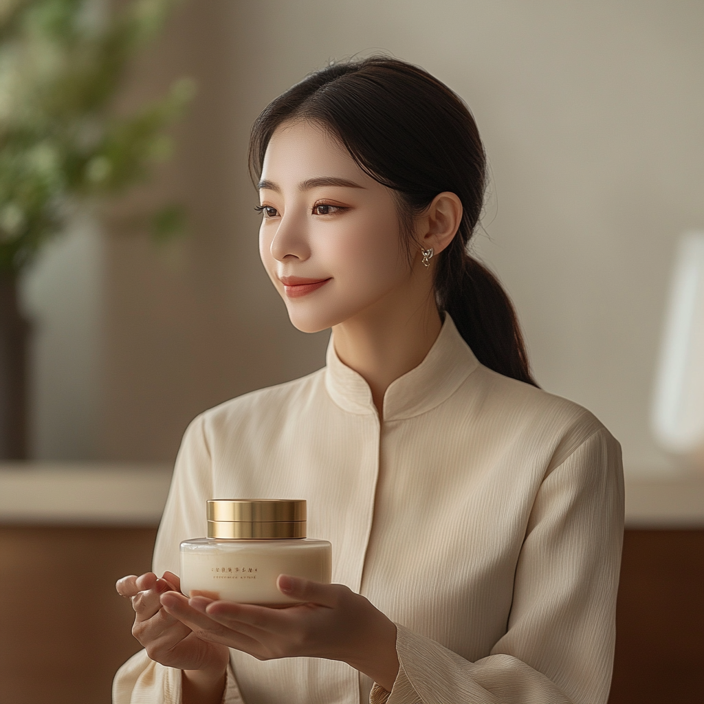 Elegant Korean model showcasing luxurious cream jar.