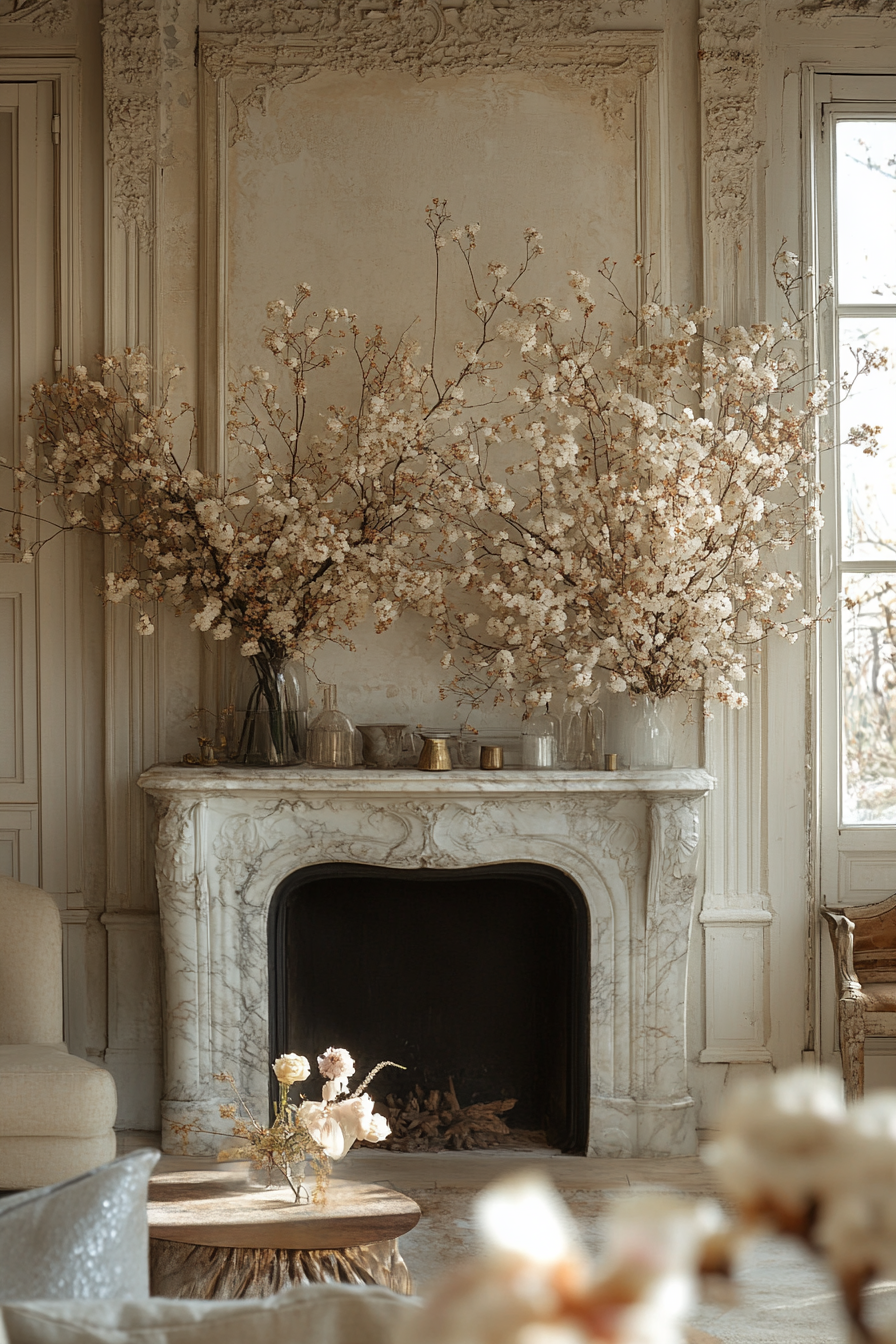 Elegant Living Room with Luxurious Marble Mantle