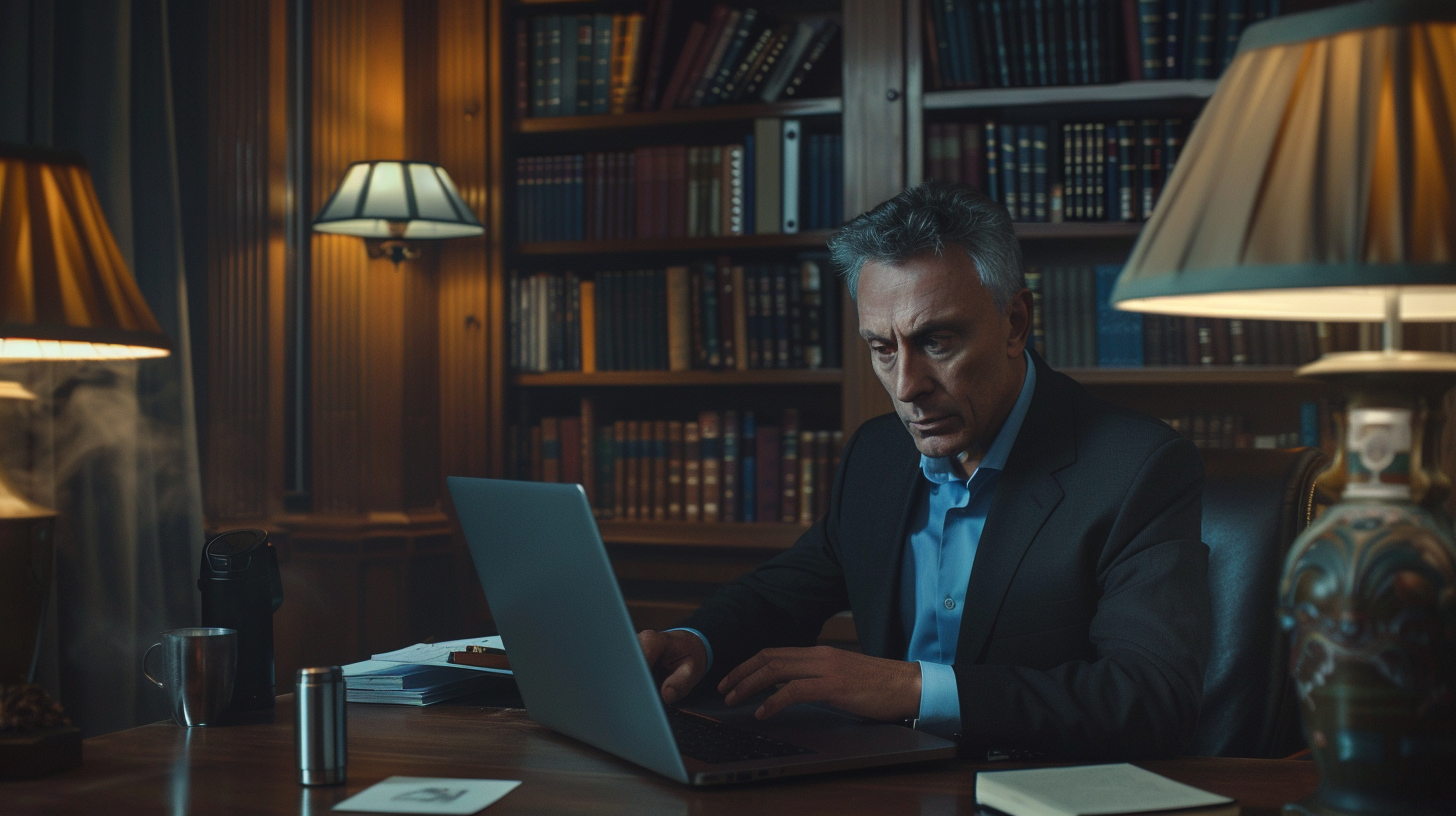 Elegant Mature Man Working in Dark Office Setting