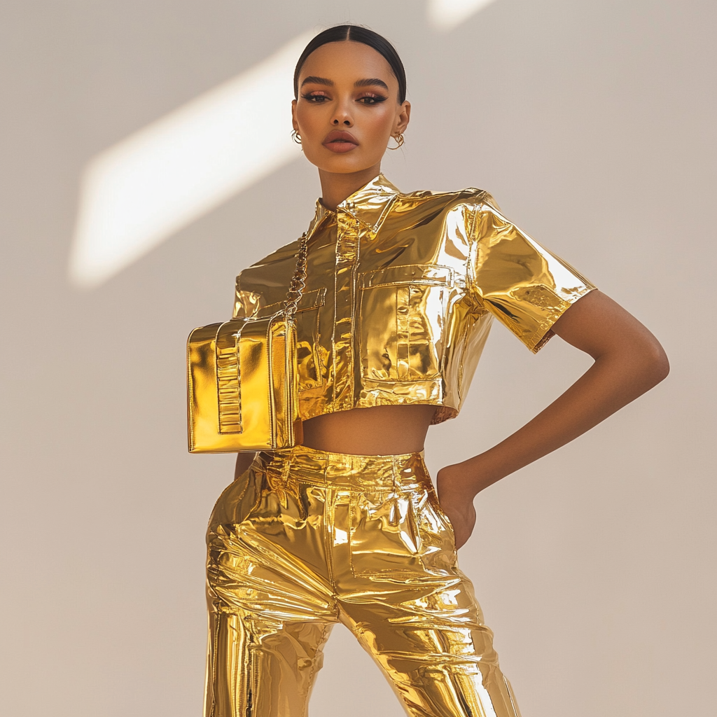 Elegant Model in Chic, Golden Paco Rabanne Outfit