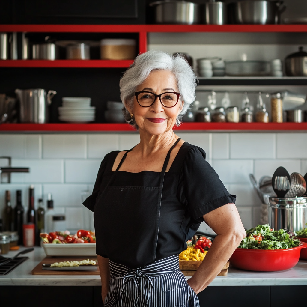 Elegant Modern Grandmother Cooking in 90's Kitchen