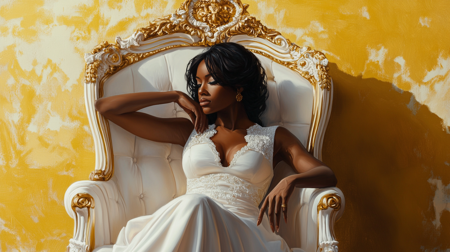 Elegant Nia Long-style black woman on gold-trimmed throne.