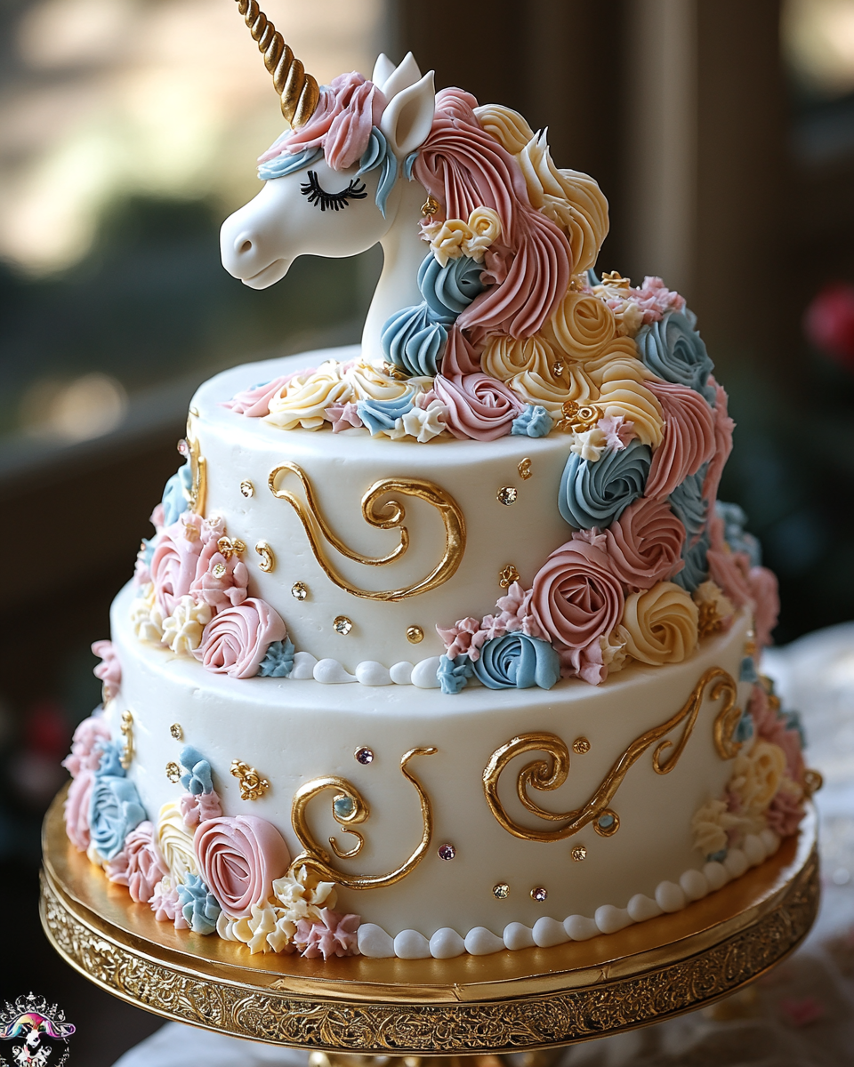 Elegant Rainbow Unicorn Themed Cake with Filigree Design