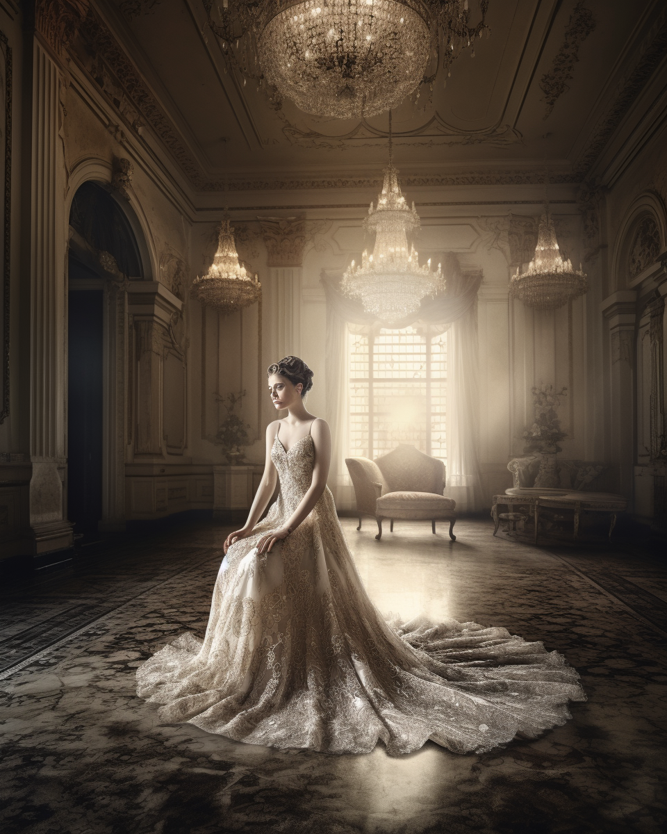 Elegant Victorian lady in lace gown holding ornate fan.