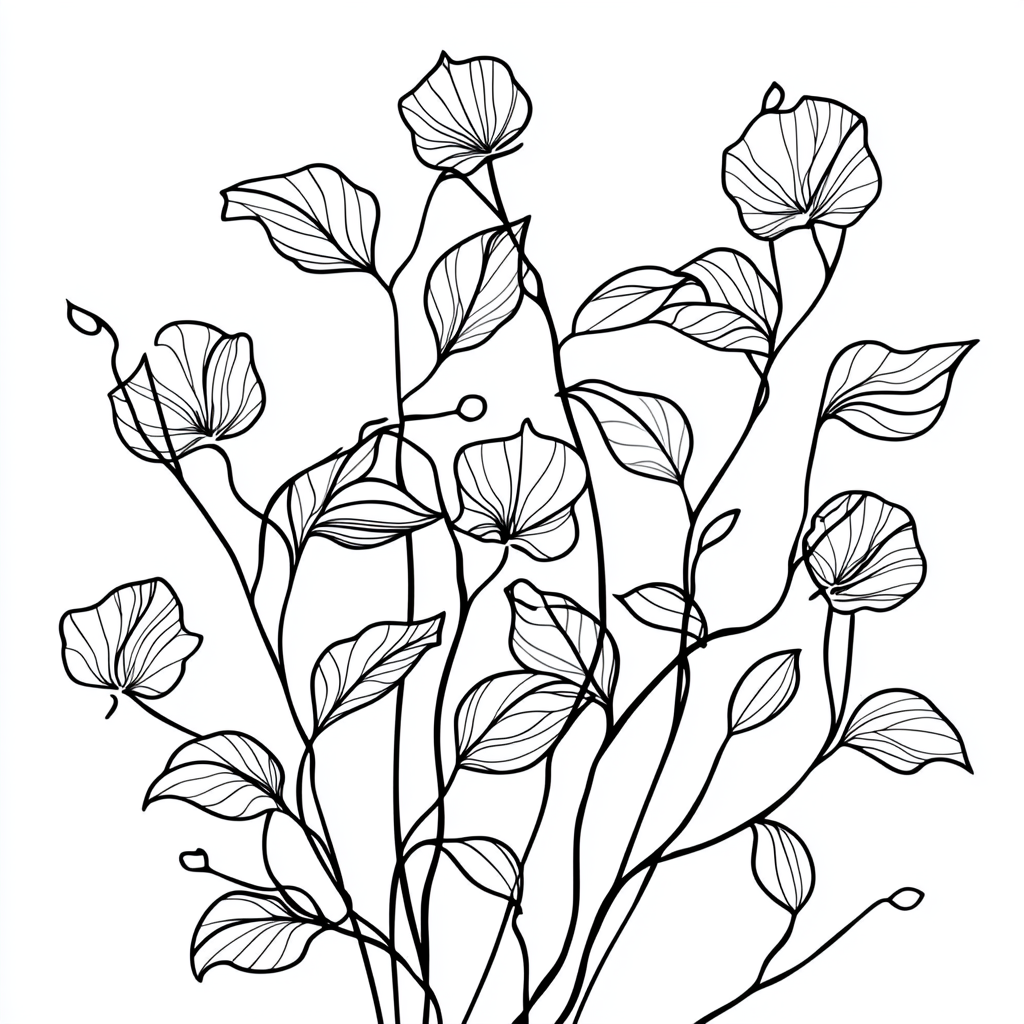 Elegant adult coloring botanical line drawing, minimalist and harmonious.