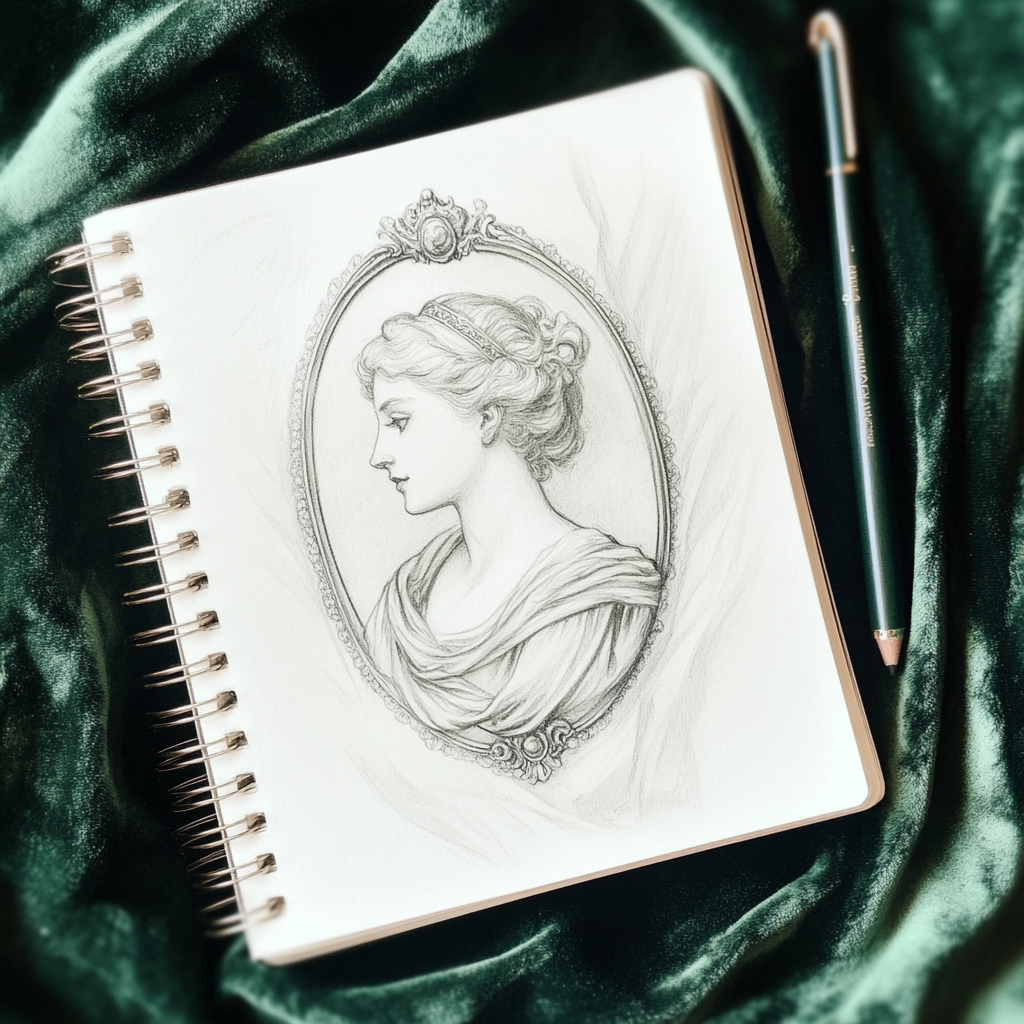 Elegant art nouveau pendant sketch on spiral notebook.