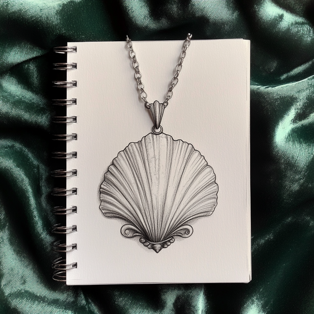 Elegant art nouveau shell pendant sketch on notebook.