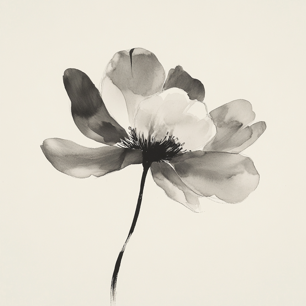 Elegant black and white ink wash flower