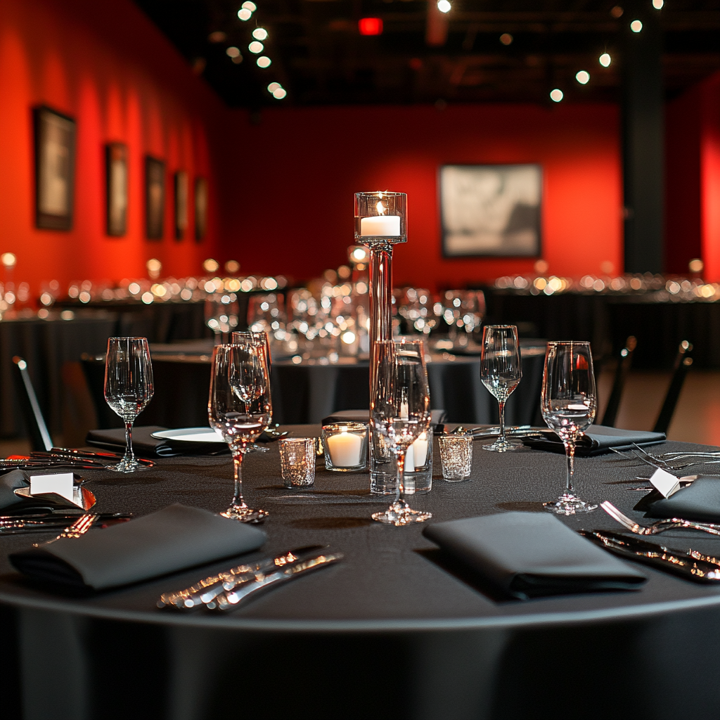 Elegant black tables with silverware in red room