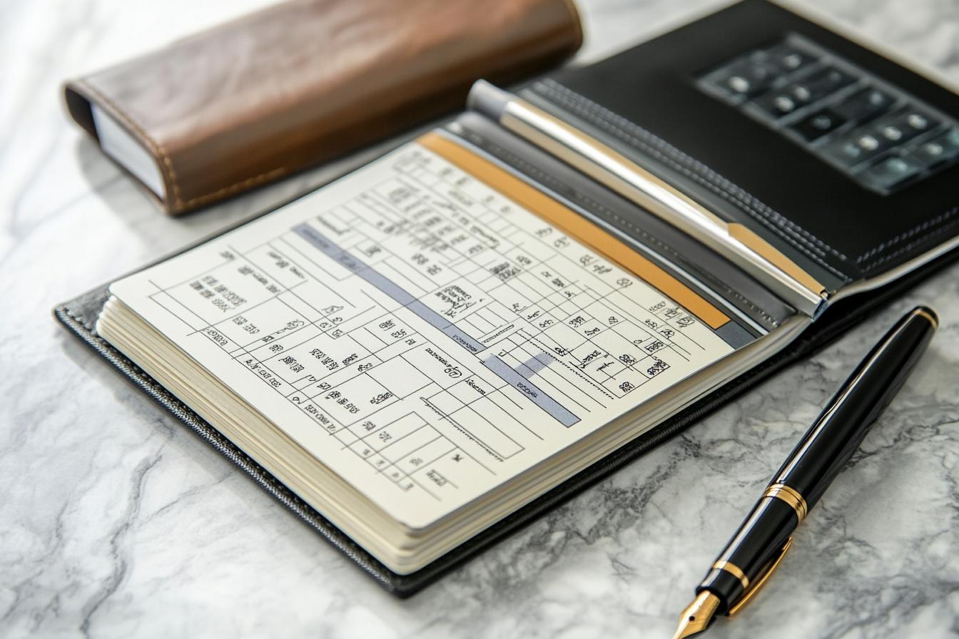 Budget book and Pen on a marble table