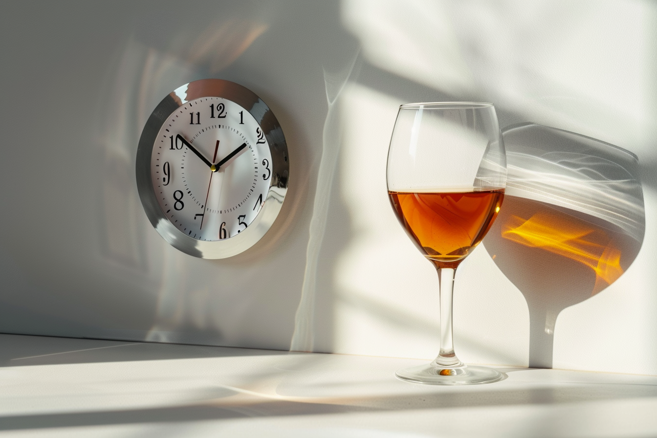 Elegant clock and glass of wine symbolize alcohol elimination.