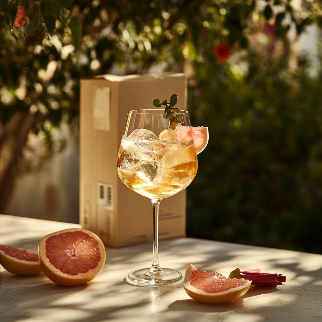 Elegant cocktail glass on sunny terrace with rhubarb