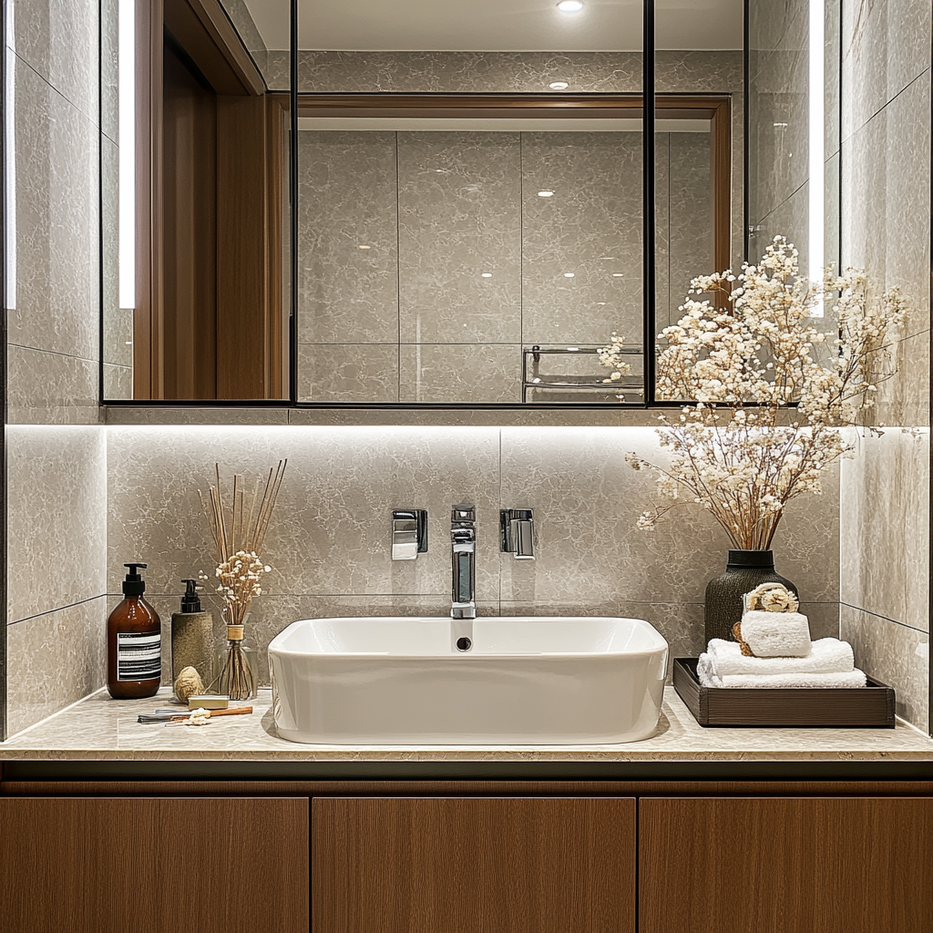 Elegant company bathroom sink with front view.