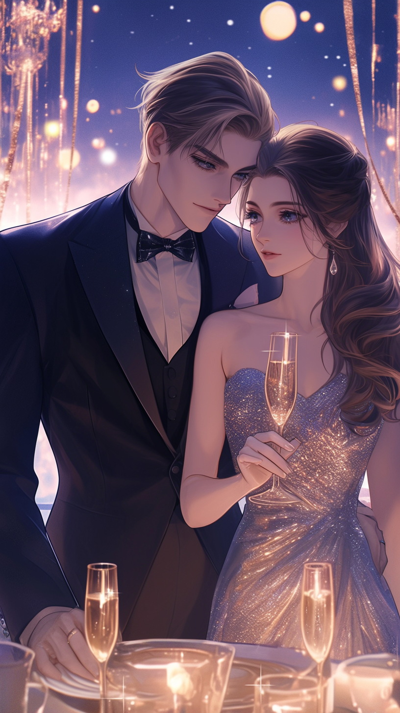 Elegant evening attire, champagne flutes, and twinkling fairy lights.