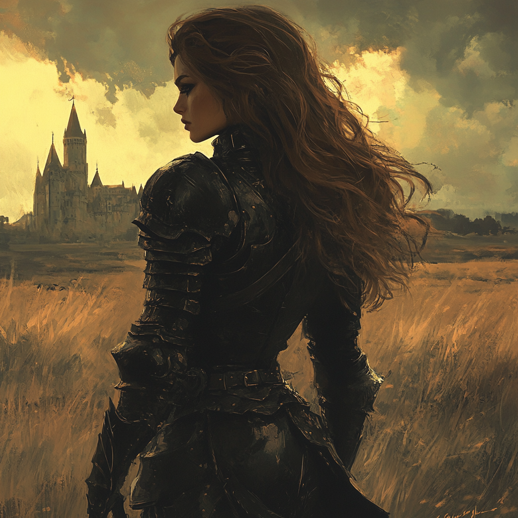 Elegant female knight in black armor. Wavy hair silhouette.