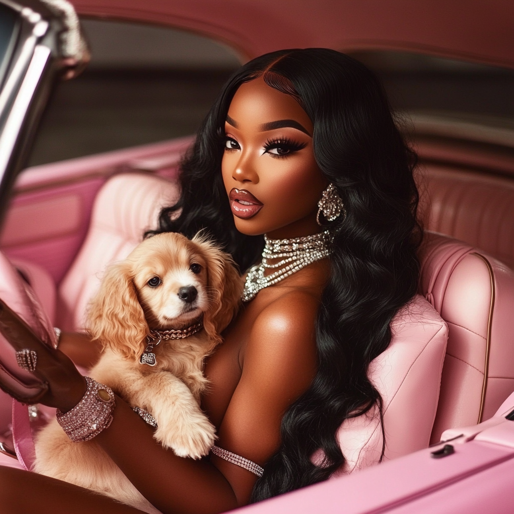 Elegant girl in stylish car with cute puppy