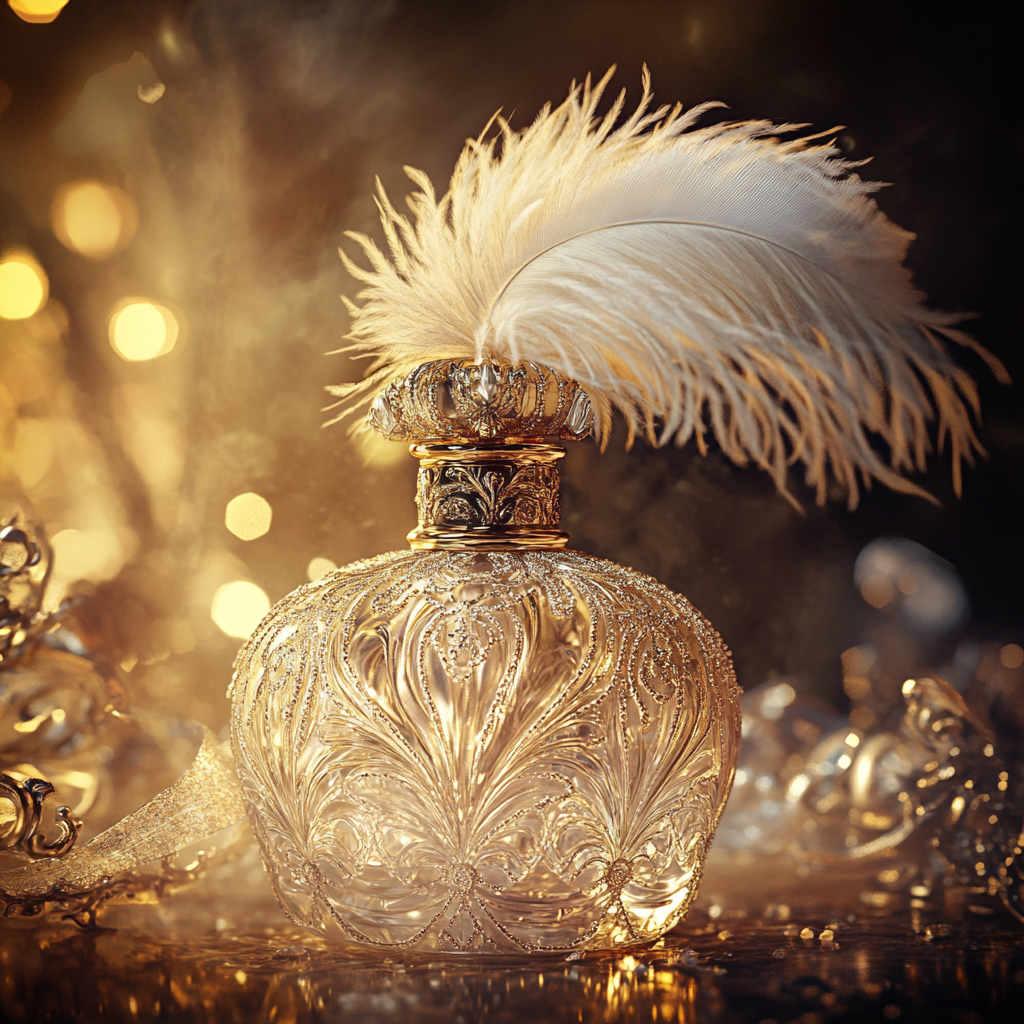 Elegant golden feathered perfume bottle in luxurious setting