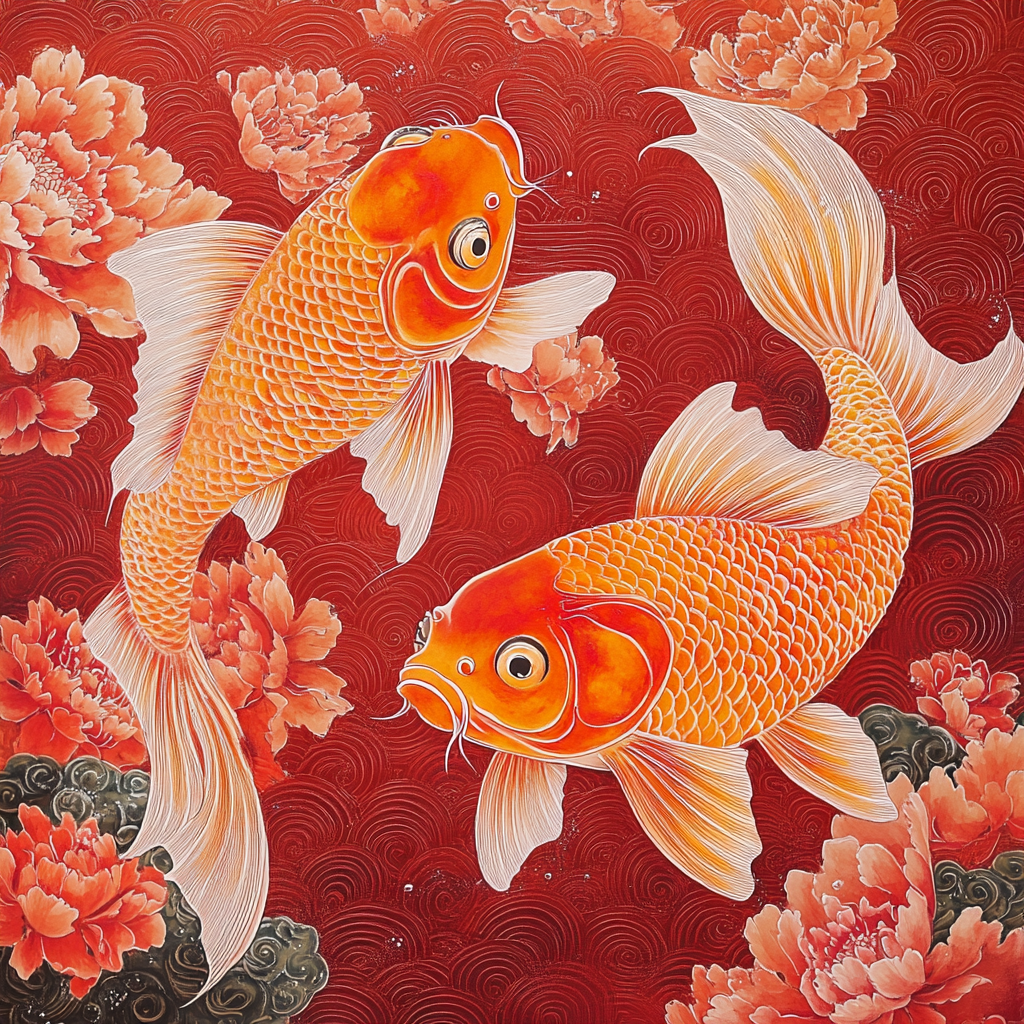 Elegant goldfish with large tails, colorful patterns in red.