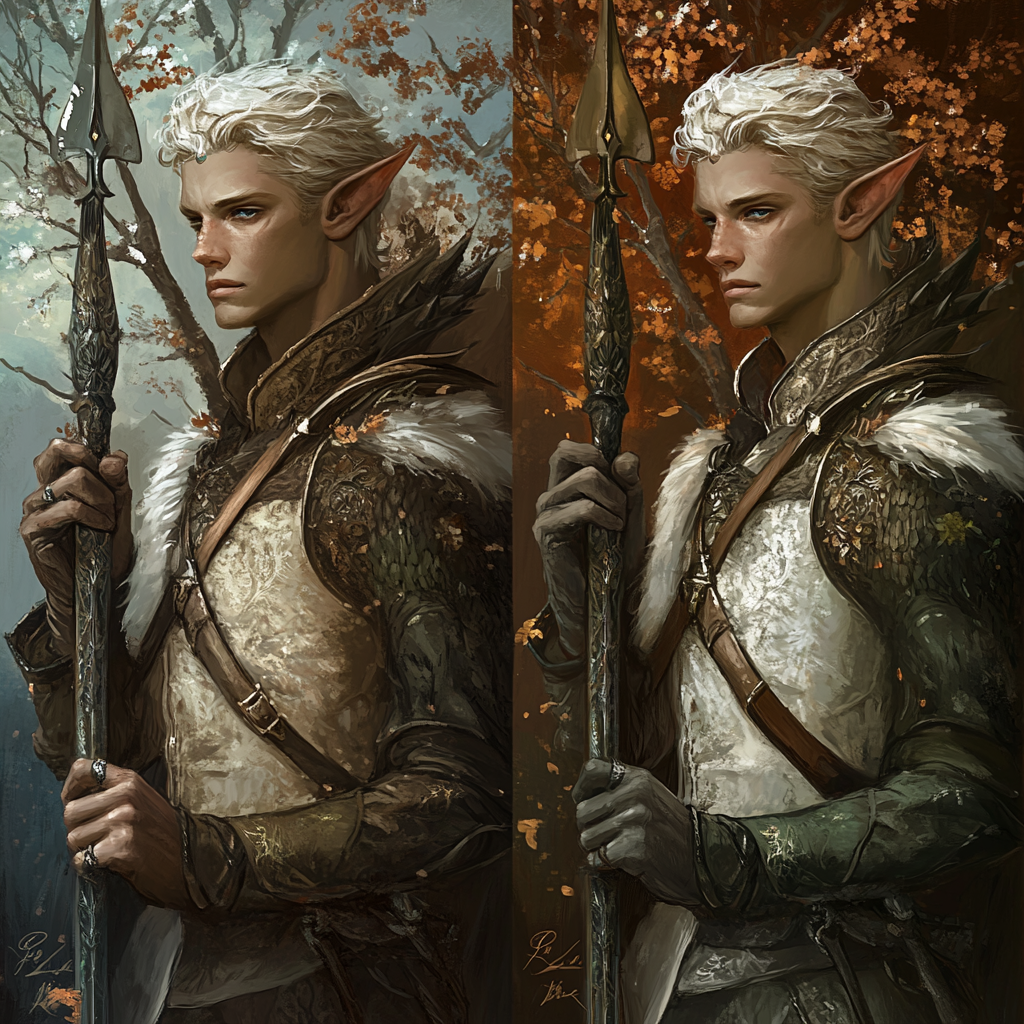 Elegant male elf in four seasonal art variations.