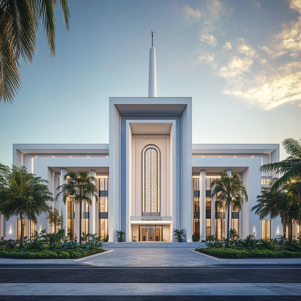 Elegant mosque with modern architecture and large columns.