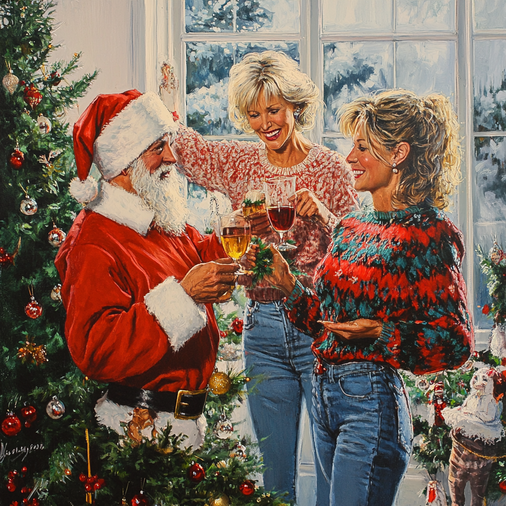 Elegant older ladies decorate tree with Santa