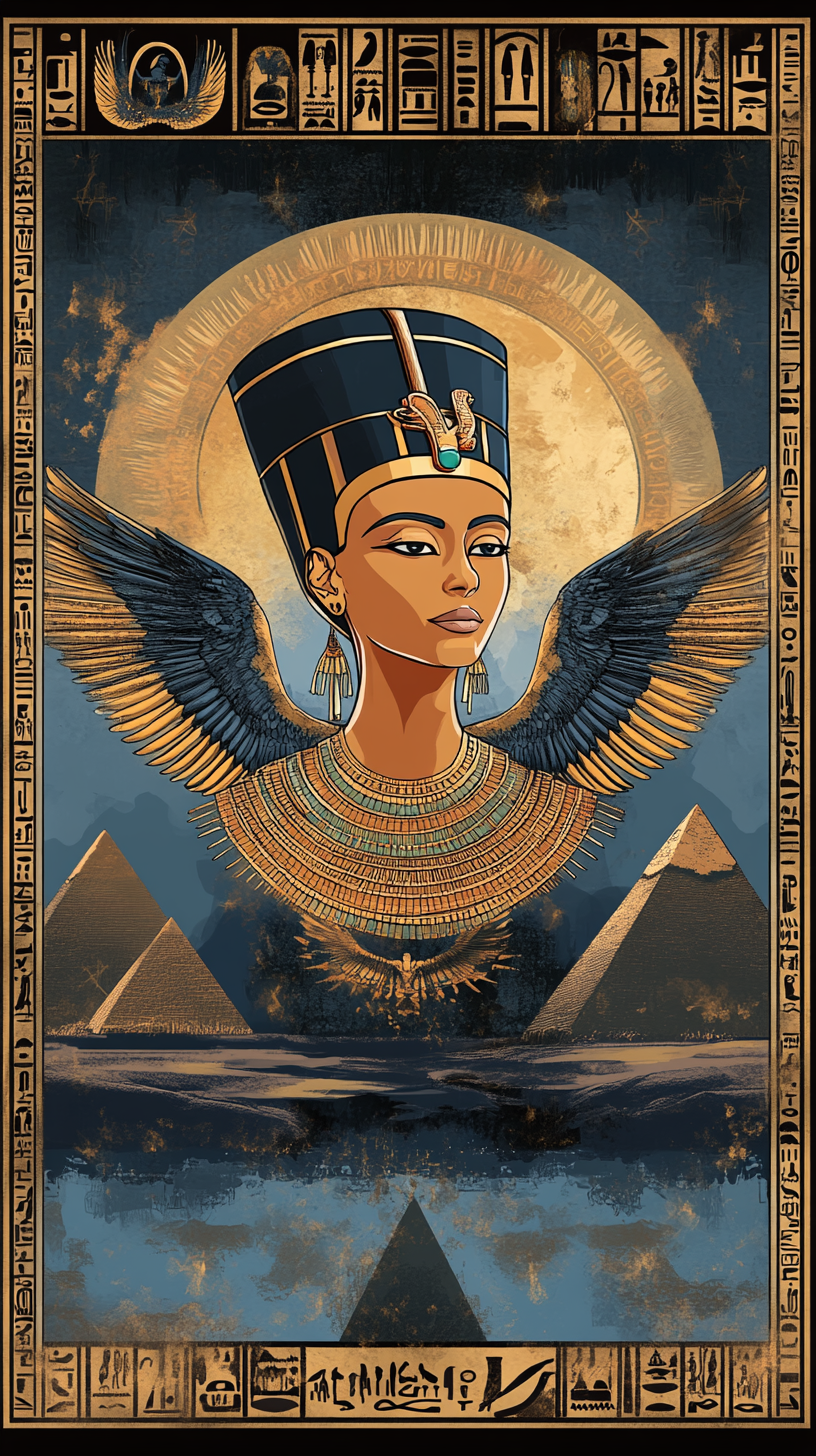 Elegant portrait of Nefertiti, goddess Isis, and pyramids.