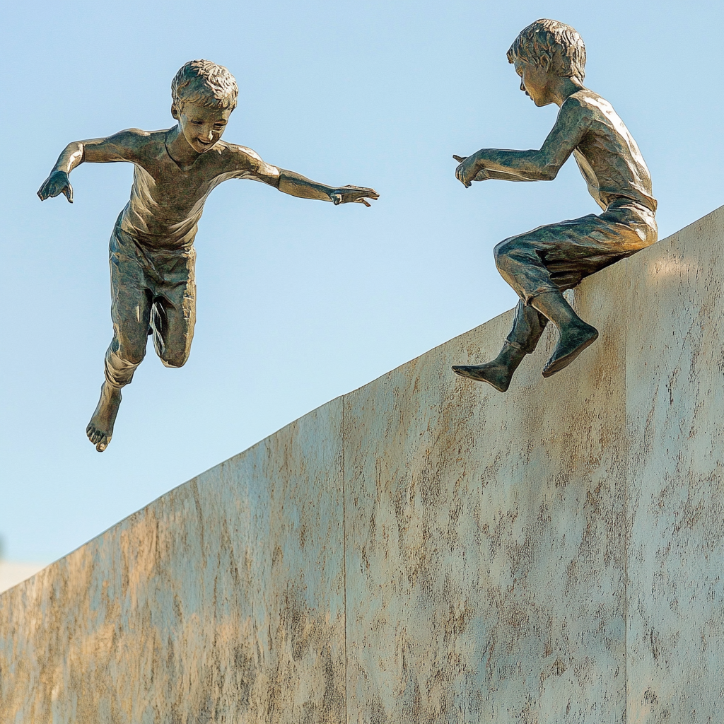 Elegant sculpture of two boys in dynamic pose.