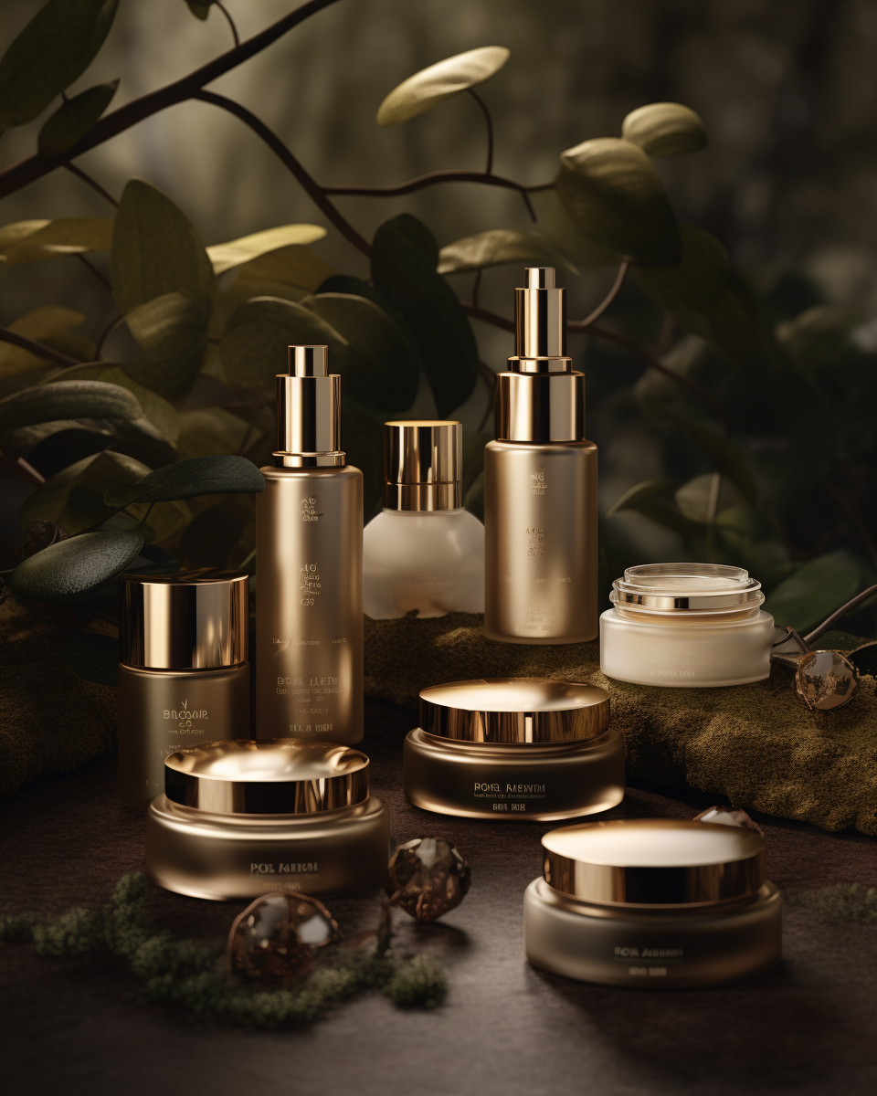 Elegant skincare products showcased in luxurious ambiance.