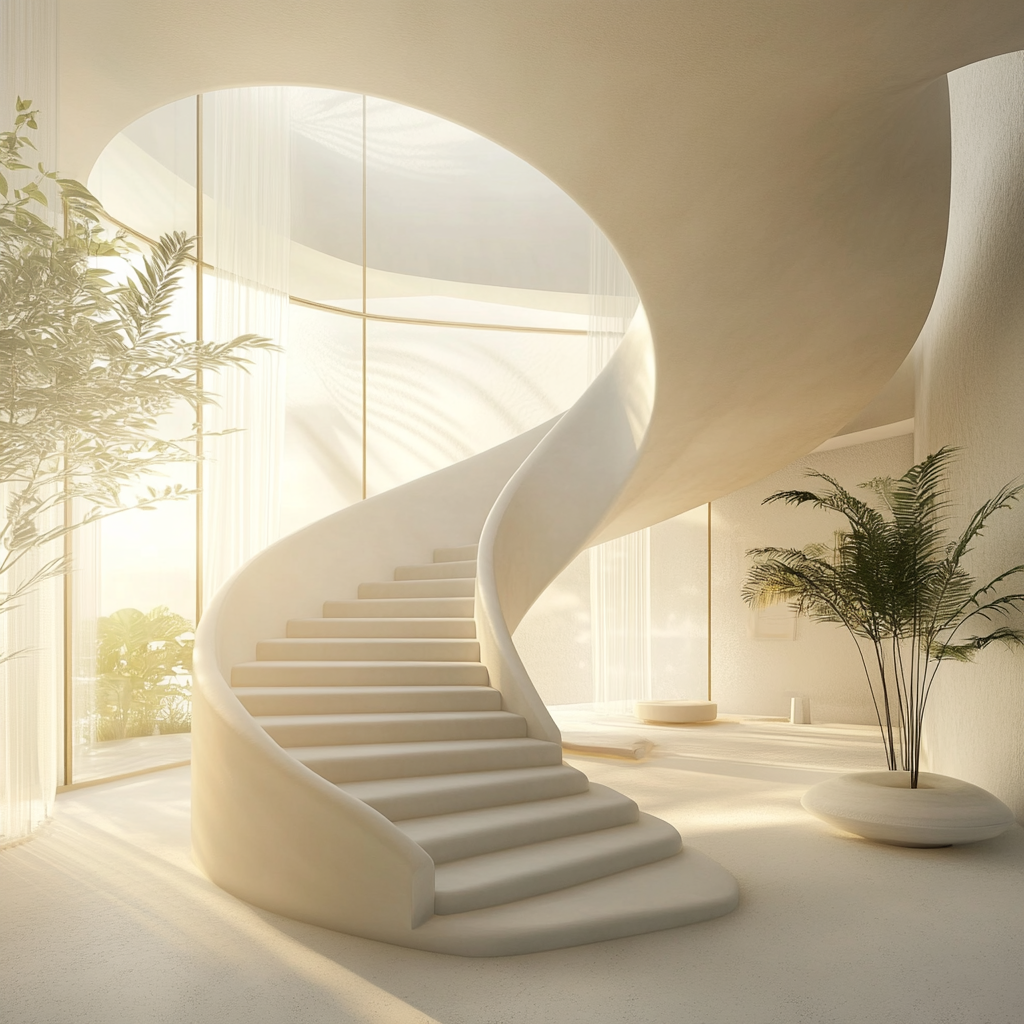 Elegant staircases weaving through serene space, illuminated by light.