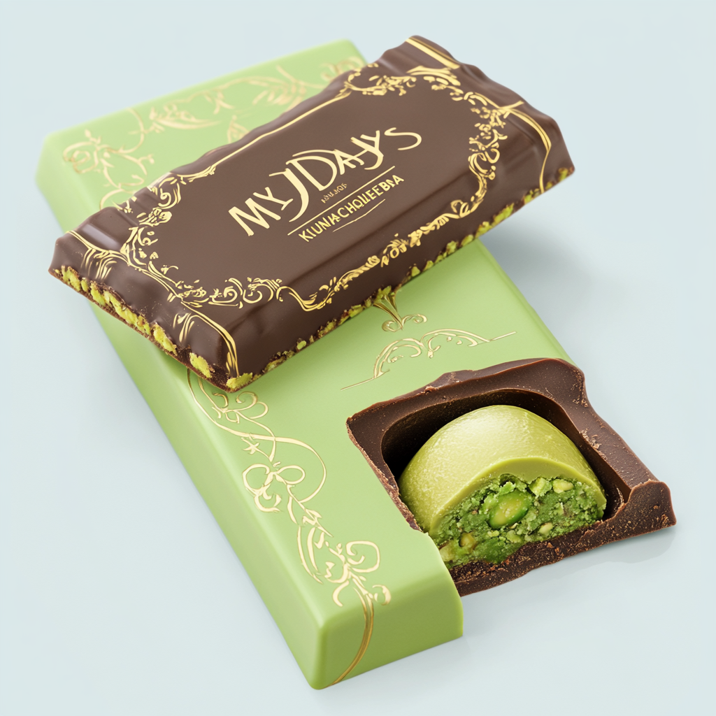 Elegant sticker label for MYDAYS Kunafa Pistachio Chocolate.