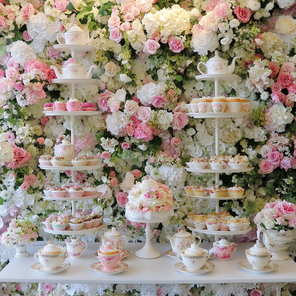 Elegant tea party with floral, lace, hats, and desserts.